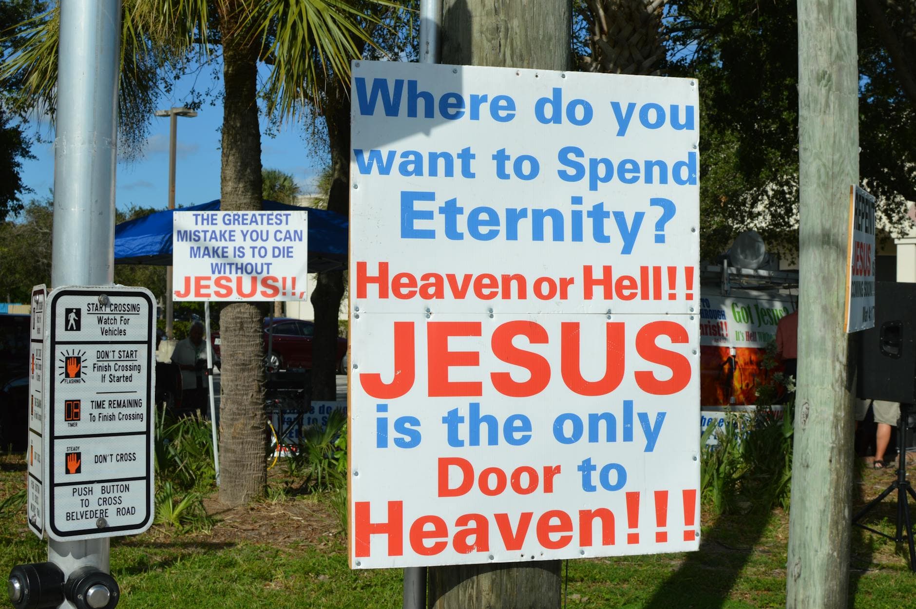 A bold outdoor sign displaying a Christian message about eternity and faith in Jesus.